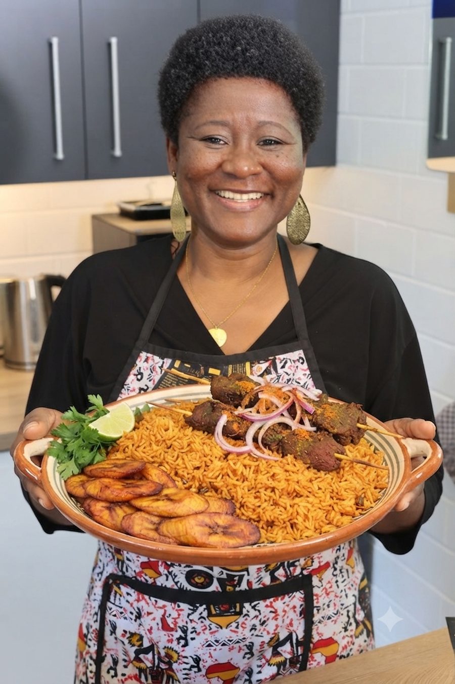 Jollof Reis mit Suya-Spießen, zubereitet von Fadi